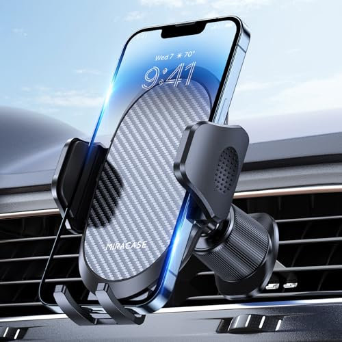Miracase 2025 Car Phone Holder, Stable Double Steel-Hook Air Vent Car Phone Mount Cradle 360°Rotation, One Button Release Mobile Phone Holder for iPhone, Galaxy, All 4.0''-7'' Smartphones