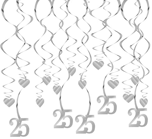 NHGKJU 12 Stück Silberhochzeit Deko Girlanden - 6X Herz Spirale + 6X Zahl 25 Aufhängung für 25. Hochzeitstag, Hochzeitsdekoration, Tischdeko, Party Deko (Silber)