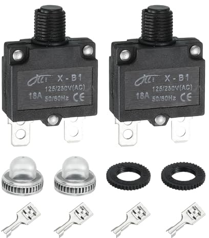 sourcing map Lot de 2 disjoncteurs thermiques de 18 A, 125/250 V AC, 32 V CC à réinitialisation manuelle avec boutons poussoirs étanches, bornes à connecteur rapide