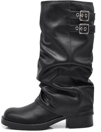 IF Stivali al Ginocchio Donna in Ecopelle Nera con Fibbia Laterale Stile Retro Robin, Design Arricciato Tacco Basso Comodo MP730-1