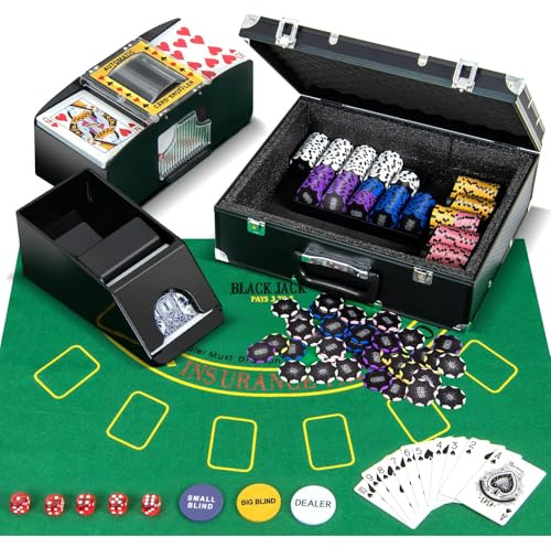 FANTASK Pokerset Komplett Set abschließbar, Aluminium Kasino Poker 300 Chips, Pokerkoffer mit 2 Kartendeck, 5 Würfel, Kartenmischer & Kartengeber, Dealer Button, Matte (300 pcs)