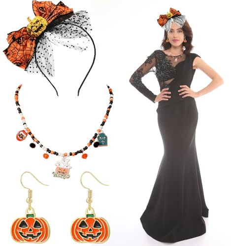 3 Stück Kürbis Kostüm Damen Set, Halloween Stirnbänder, Kürbisketten und Ohrringe, Schwarzes Spinnennetz Spitze Haar Accessoire für Frauen Halloween Kostüm Cosplay Maskerade Party Haardekoration