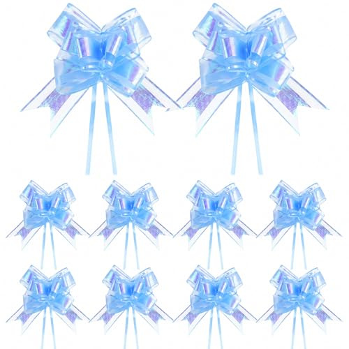 G2PLUS 10 Stück Geschenkschleife Iridescent Blau: 15cm Dekoschleife mit Band | Große Ziehschleife für Geschenkverpackung Hochzeit Geburtstag Weihnachten