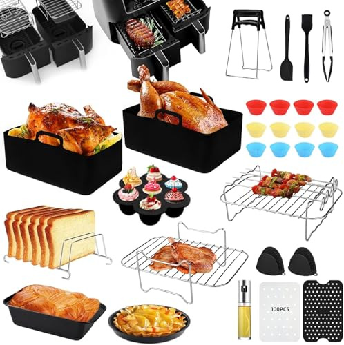 ZUSUZU Kit de Accesorios para Freidora sin Aceite,128pcs Molde Silicona Freidora de Aire para Ninja Foodi,Accesorios Freidoraes sin Aceite Accesorioss Freidoras de Aire,Freidoras de Aires Dual Zone