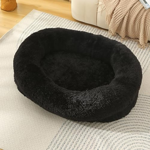 XIEMINLE Lit orthopédique pour chien et chat avec traversin à quatre côtés en peluche - Canapé chaud pour animal de compagnie - Coussin apaisant avec fond antidérapant (75 x 55 x 18 cm, noir)
