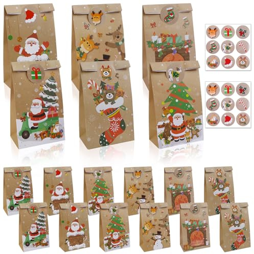 Geschenktüten Weihnachten- 12 Stück Personalisierte Papiertüten Weihnachten mit 18 Aufkleber, Geschenkverpackung Kraftpapier Tüten Obsttüten Brottüten Hochzeitstüten Geschenktüten1