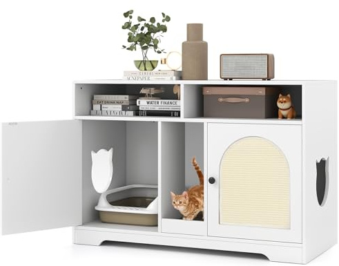COSTWAY 4 in 1 Meuble Litiere Chat, Cache Litiere Chat Double Portes, 2 Compartiments, Planche et 2 Tapis à Griffer en Sisal, 2 Trous Latéraux, Maison de Toilette Chaton (Blanc,108 x 50,5 x 73,5 cm)