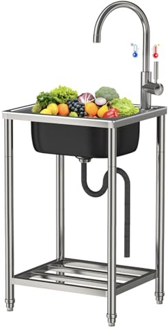 Lavandino da campeggio portatile in acciaio inox – Lavabo da esterno con vasca singola per giardino, lavanderia, ristorante, lavello da cucina autoportante per campeggio e barbecue