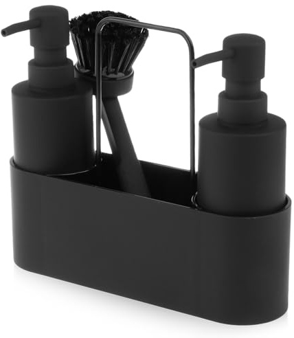 Behogan 4 in1 Spüli und Seifenspender Küche Set: 300ML ABS Material Kitchen Soap Dispenser, Sponge Holder Detergent Dispenser mit Geschirrspülbürste, für Küchenaufbewahrung (Schwarz)