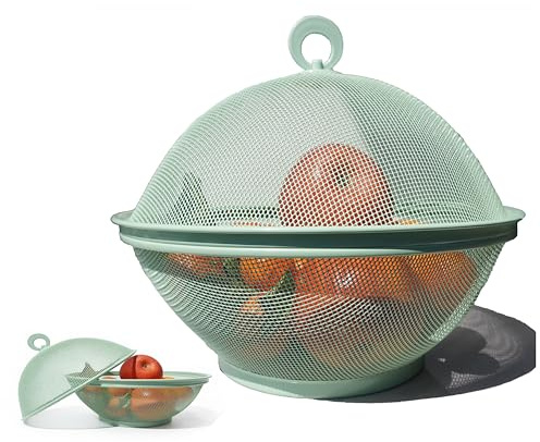 QWXOSR Obstschale mit Deckel, Obstkorb aus Metall - Netz-Obstschalen in Mehreren Farben, Langlebiger & Dekorativer Korb für Obst, Gemüse, Snacks, Küchenaufbewahrung (Grün)