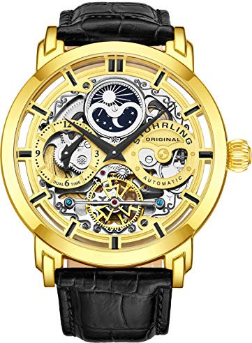 Stuhrling Original Herren Automatik-Selbstaufzug Luxuskleid Skeleton Dual Time Gold-Tone Armbanduhr 22 Jewels 47 mm Edelstahlgehäuse