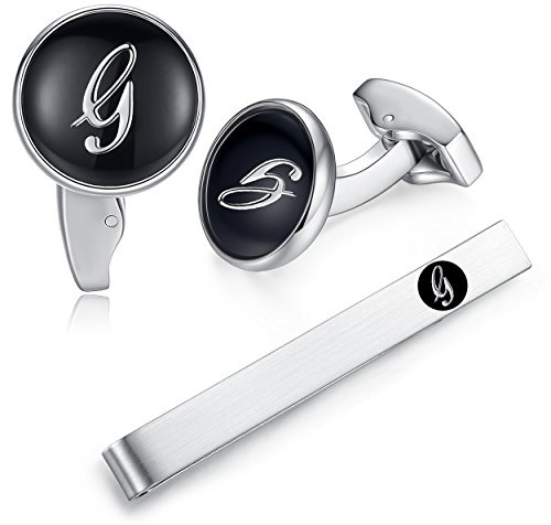 Honey Bear Carta Inicial Alfabeto Gemelos & Clip Pasador de Corbata Pisacorbatas - Acero Inoxidable para la Camisa de los Hombres Regalo de Boda del Negocio (Negro) (G)