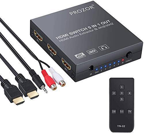 PROZOR Convertisseur HDMI 5x1 Commutateur HDMI Switch 4K 3D avec Extracteur Audio Optique Analogique Toslink SPDIF Sortie avec Câble Optique Câble de 3,5mm à 2 RCA Câbles