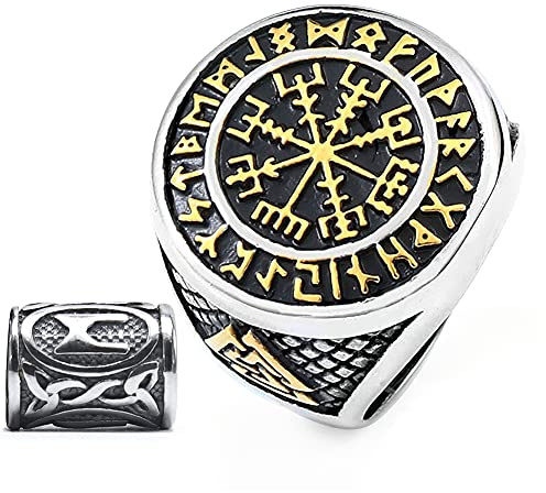 Gungneer Golden Stainless Steel Viking Compass Vegivisir Ring for Men Women, Norse Pagan Jewelry Ring Viking Rune Beard Beads Gift
