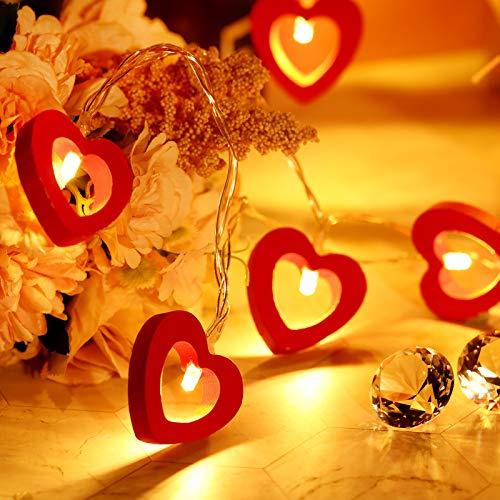Mudder Valentine's Day Wooden Heart String Lights LED Fairy Hanging Love Lights Lamp Battery Operated Valentine's Day Decoration for Bedroom Festival Birthday Wedding(Red,20 Lights)