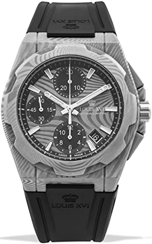LOUIS XVI Herren-Armbanduhr La Vauguyon Damaskus Stahl Kautschukband Schwarz Super-LumiNova Chronograph Analog Automatik 1201