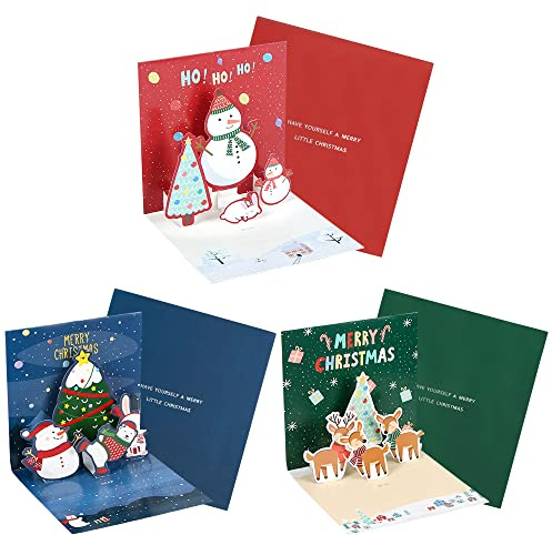 3D Weihnachtskarten mit Umschlag, Weihnachtskarte mit Aufkleber, Pop Up Karte Weihnachten, Weihnachtskarten 3D, Weihnachten Pop Up Grußkarte Set, für Kinder Familie Freunde, 3 Stück
