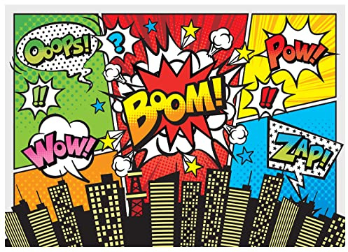 AIIKES 7x5FT Superheld Stadtbild Hintergrund Skyline Gebäude Kindergeburtstag Hintergrund Babyparty Party Versorgung Kuchen Tischdekoration Banner Fotostudio Requisiten 12-417