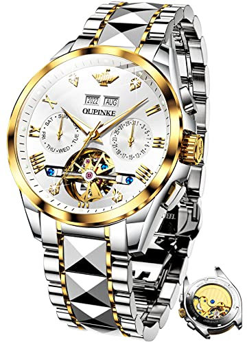 OUPINKE Herrenuhren Automatik Weiß Skelett Mechanisch Selbstaufzug Luxus Diamant Saphirkristall Wasserdicht Wolframstahl Business Armbanduhr
