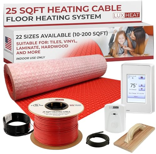 LuxHeat 25sqft Electric Radiant Floor Heating System - 120v Under Floor Heating System Includes UDG4 Programmable Thermostat w/GFCI, Heater Cable, Tile Uncoupling Membrane, Flooring Sensor & Alarm