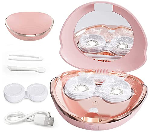 MORATER Ultrasonic Contact Lens Cleaning Machine,2 Modes High Frequency Vibration 360° Cleaning Portable Automatic Cleaner with Cosmetic Mirror (Pink)
