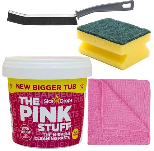 The Pink Stuff Paste Miracle Cleaner Household Cleaning Kitchen Oven Stain Remover 850g Bundled with Crevice Grout Gap Brush, Cloth & Sponge