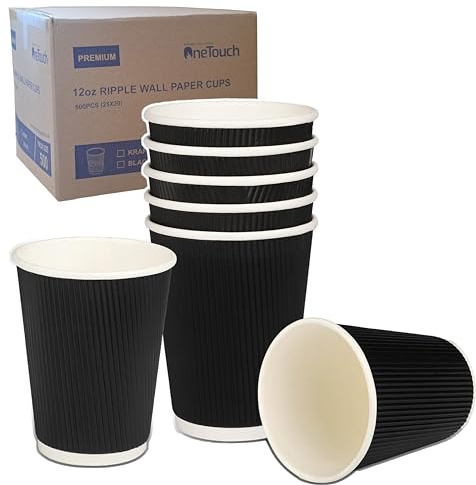 A406 500 Black Disposable 12oz Coffee Cups Ripple 3 Ply Disposable Insulated Paper Cups for Tea Coffee Cappuccino Hot Drinks Cold Drinks (Without Lid)