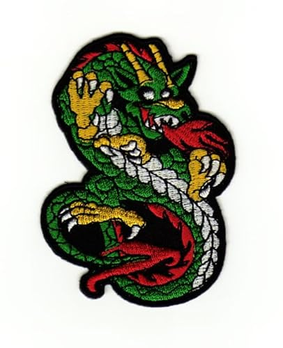 Drache Grün Aufnäher zum aufbügeln oder aufnähen Bügelbild Aufbügler für Kleidung gestickter Bügelpatch Applikation Patch Größe 9,0 x 6,5 cm