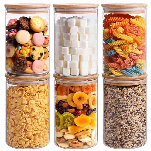 ComSaf 950ml Glass Storage Containers with Lids, Glass Jars with Bamboo Lids, Clear Food Storage Jar, Round Canister Set of 6, Pantry Organizers and Storage for Pasta Flour Rice Tea Coffee Bean