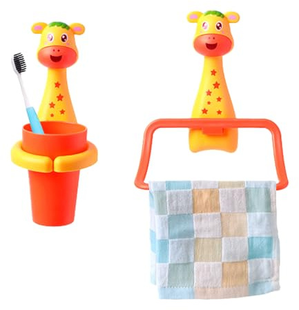 Jauhmui Handduksset för barn, tecknad djurdesign, tandborsthållare utan borrning, babyrengörare (giraff)