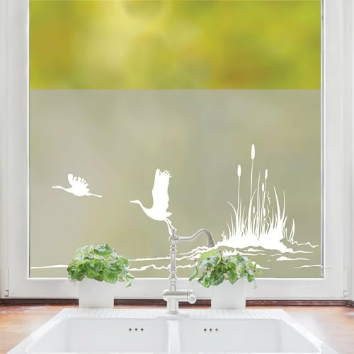Sichtschutzfolie Kraniche mit Schilf am Ufer maritime Fensterfolie Fensterdeko Milchglasfolie, 55 cm hoch, 50 cm breit