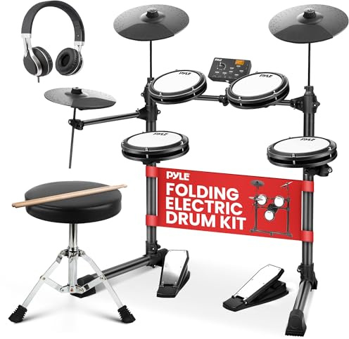 Pyle Electronic Drum Set with 4 Quiet Mesh Pads, 180 Sound Styles, 3 Cymbals, 2 Pedals, Throne, Headphones, Sticks, AUX, USB MIDI, Electric Drum Kit for Beginners Students Professionals