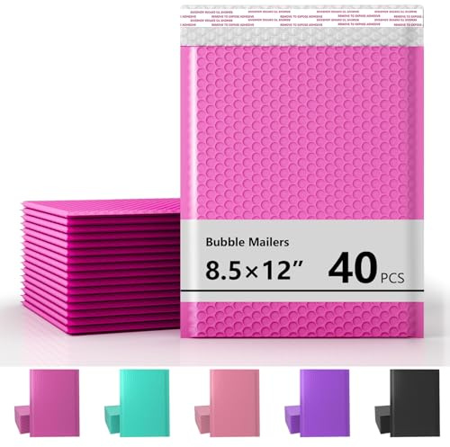 8.5 x 11 Inch Bubble Mailer 40 Pack, Waterproof Padded Envelopes with Strong Self-Seal Adhesive, Cushioning Shipping Bags with Bright Color for Small Business - Hot Pink