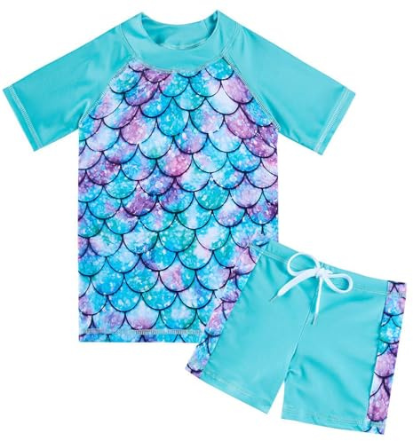 Fanient Girls Two Pieces Swimming Suit 50+UV Sun Protection Swimsuit Costume Kids Blue Mermaid Printed Swimwear with Short Sleeve 5-6 Years