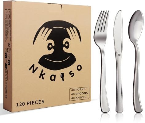 Nkaiso 120 Stück Silber Wiederverwendbares Besteck, 40 Gabeln, Messer & Löffel, Wiederverwendbar Bestecksets für Familienfeiern,Outdoor Dinner