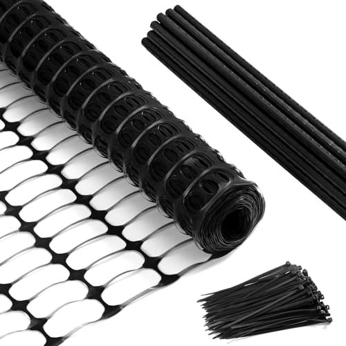 Garden Fence Barrier Fencing Mesh 1M x 25M with 21 Fencing Pins, Heavy Duty Garden Fencing, High Density Plastic Fencing, Reusable Temporary Mesh Fence for Pets, Poultry, Construction Site, Black