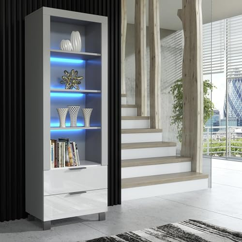 Furneo Enzo 18 Ensemble de meubles de salon moderne avec meuble TV, vitrine, buffet et table basse, gris et blanc brillant et finition mate avec lumières LED