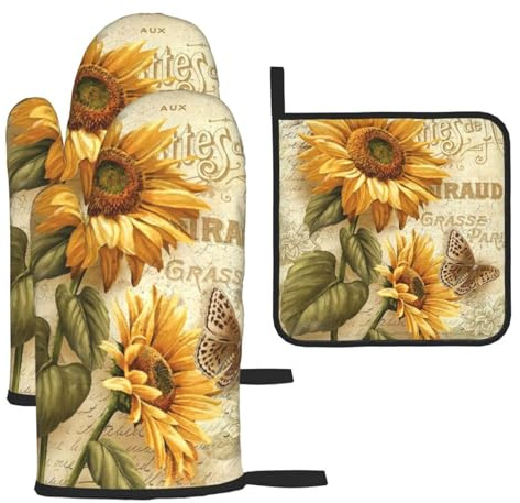 Set di 3 guanti da forno e presine con stampa di girasole – 3 pezzi – guanti da forno riscaldanti per cuocere, cucinare, grigliare