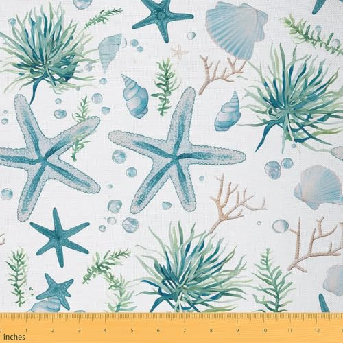 Loussiesd Seestern Stoff Meterware 92x150cm Meereslebewesen Seehund Dekorative Patchwork Stoffe Ozean Kreatur Muschel Wasserdichter Stoff Wasser und Gras Unterwasserwelt DIY Reupholstery Polsterstoff