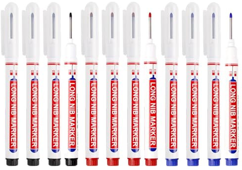 meukcez 12 Pcs Marqueurs Trou Profond, Stylos Marqueur Charpentier à Pointe Fine de 20mm, Marqueur Chantier, Feutres Permanents Indélébiles pour Marquages Difficiles d'Accès,(Noir, Bleu, Rouge)