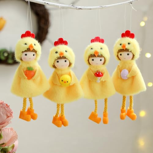 FONDUO 4 Stück Osterdeko zum Aufhängen, Plüsch Engel Figure für Fenster Deko, Deko Frühling Puppe Ornamente, Oster Deko Anhänger, Osterschmuck für Innen Wohnzimmer Balkon Osterbaum (A)