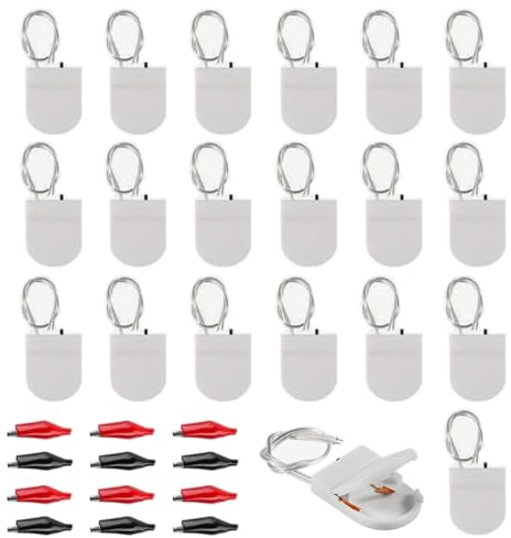 GTIWUNG 20 Stück CR2032 Batterie Halter, General Knopfzelle Batterieadapter Clip Socket EIN/AUS-Schalter, 1 x 3V CR2032 Knopfzelle Batterie Halter für LED, Weiß, inklusive 12 Stück Krokodilklemmen