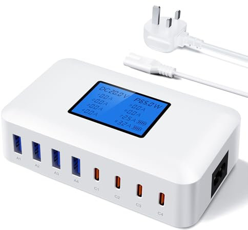 200W Sanicata 8-Port USB Charger Hub with LCD Display and Multi USB-C Blocks for MacBook, iPhone 16, 15, 14, 13, Pixel, Samsung Galaxy, iPad