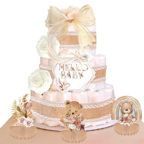 Boho Baby Dusch Blöja Tårta Dekorationssats Party Supplies Könsavslöjande Dekorationer Babyshower Tårta Toppar