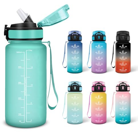 Motswedi Borraccia Bambini, 0.5L senza BPA, Borraccia Motivazionale, a Prova di Perdite, Bottiglia Acqua, Borracce Bambini per Capretti, Adulto, Palestra, Yoga - Blu&verde