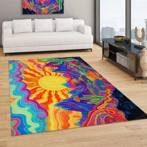 Tappeto con cactus psichedelico, lavabile, antiscivolo, grande tappeto per soggiorno, camera da letto, asilo, sala giochi e corridoio, vivace design paesaggistico, decorazione per interni