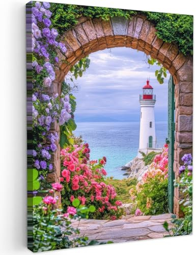 MuchoWow© Bilder Wohnzimmer Deko Modern Wandbild Kunstdruck auf Leinwand | 30x40 cm - Bild Schlafzimmer über Bett Room Decor Geschenke Fensterblick - Leuchtturm - Blumen