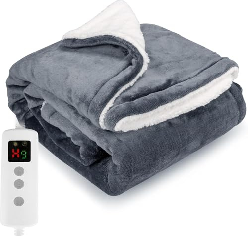 PROALLER Heizdecke 180x130CM, 10 Stufen & 1-9H Timer Auto-Aus, Maschinengängig, Weiches Flanell-Sherpa, Sofasitzkissen Bett Büro Verwendung, Heizdecke mit Abschaltautomatik, Grau