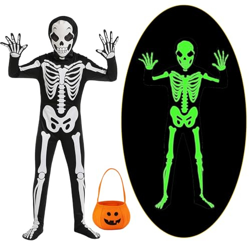 JrnSvp Skelett Kostüm Kinder, Halloween Kostüm Kinder, 4 Stück Leuchtend Skelett Kostüm Mit Tasche, Ideal für Karneval und Kostümpartys Perfekt für Halloween Süßes oder Saures(M)