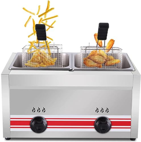 Friggitrice commerciale a gas GPL con doppio serbatoio con cestello e coperchio, in acciaio inox, propano GPL di grande capacità con tubo in metallo, per patatine fritte, cucina di casa, ristorante